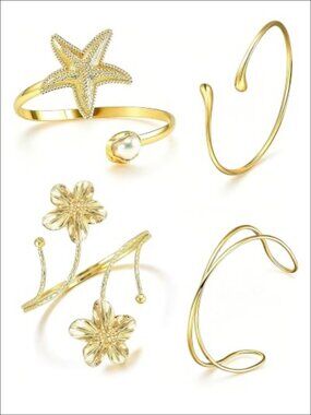 4 Pc Gold Plated Adjustable Upper Arm Cuff Bracelet Set Boho Stackable